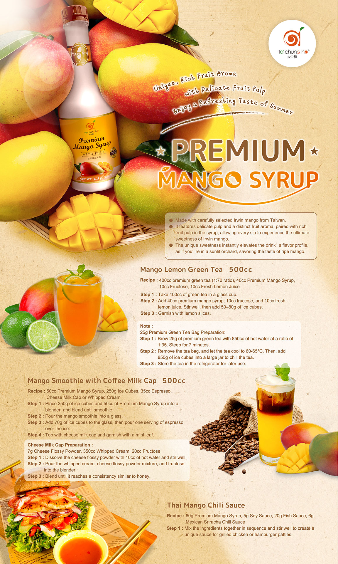 Premium Mango Syrup: Unique, Rich Fruit Aroma with Delicate Fruit Pulp, Enjoy a Refreshing Taste of Summer