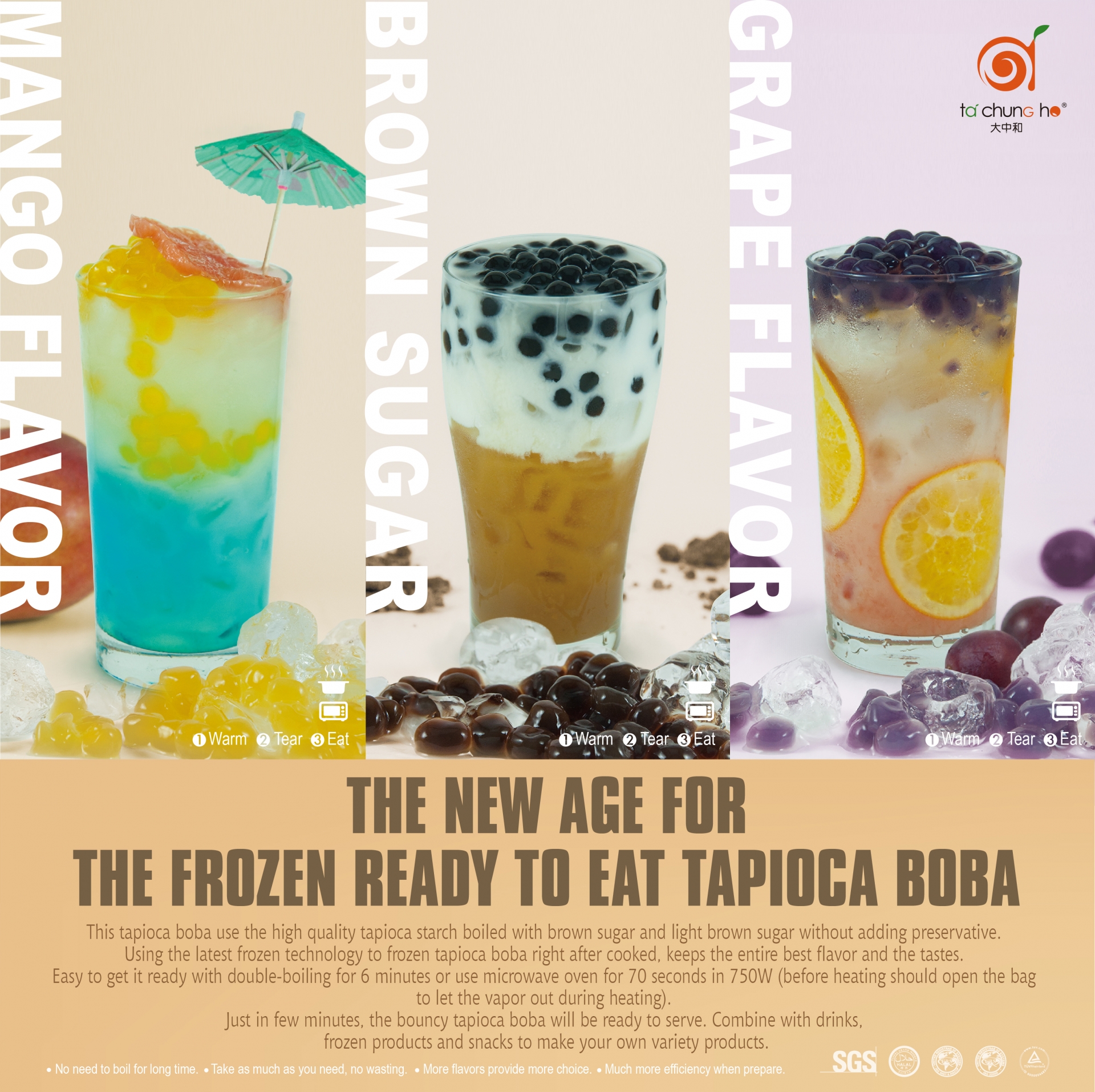 Frozen ready to eat Tapioca boba (Brown sugar, Mango, Grape flavor)